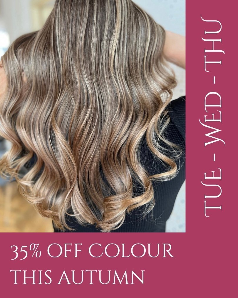 Back view of woman with glossy blonde balayage hair in loose waves, advertising 35% off colour services on Tuesdays, Wednesdays and Thursdays